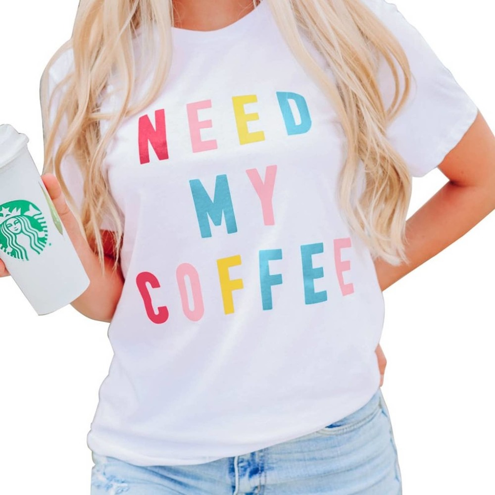 “NEED MY COFFEE” COLORFUL GRAPHIC WHITE T-SHIRT LARGE